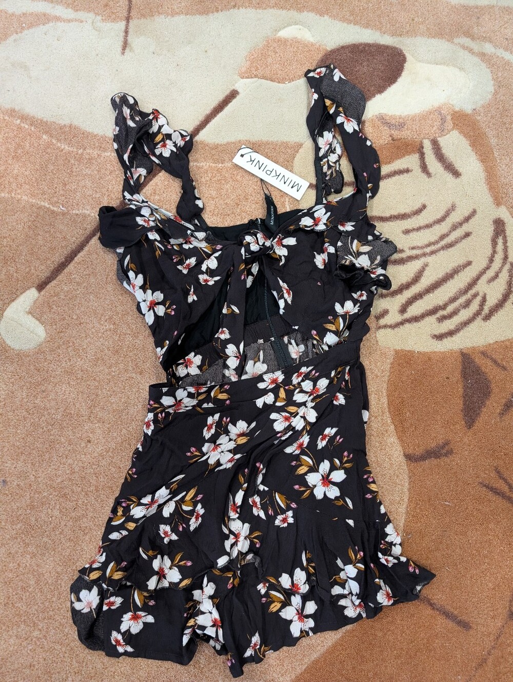 MINKPINK Black Floral Tie-Front Romper with Ruffle Hem